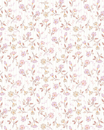 Soft pink and neutral floral wallpaper with delicate flowers and leafy sprigs on a subtle striped background.