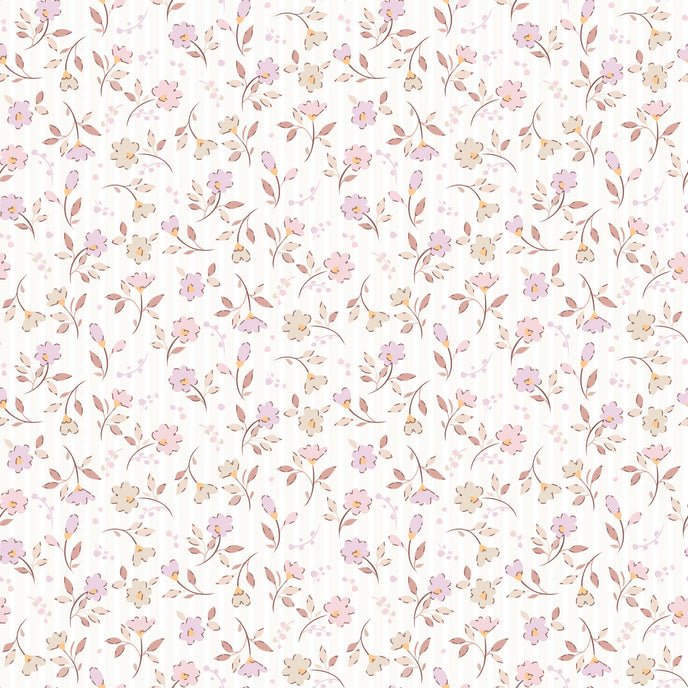 Soft pink and neutral floral wallpaper with delicate flowers and leafy sprigs on a subtle striped background.