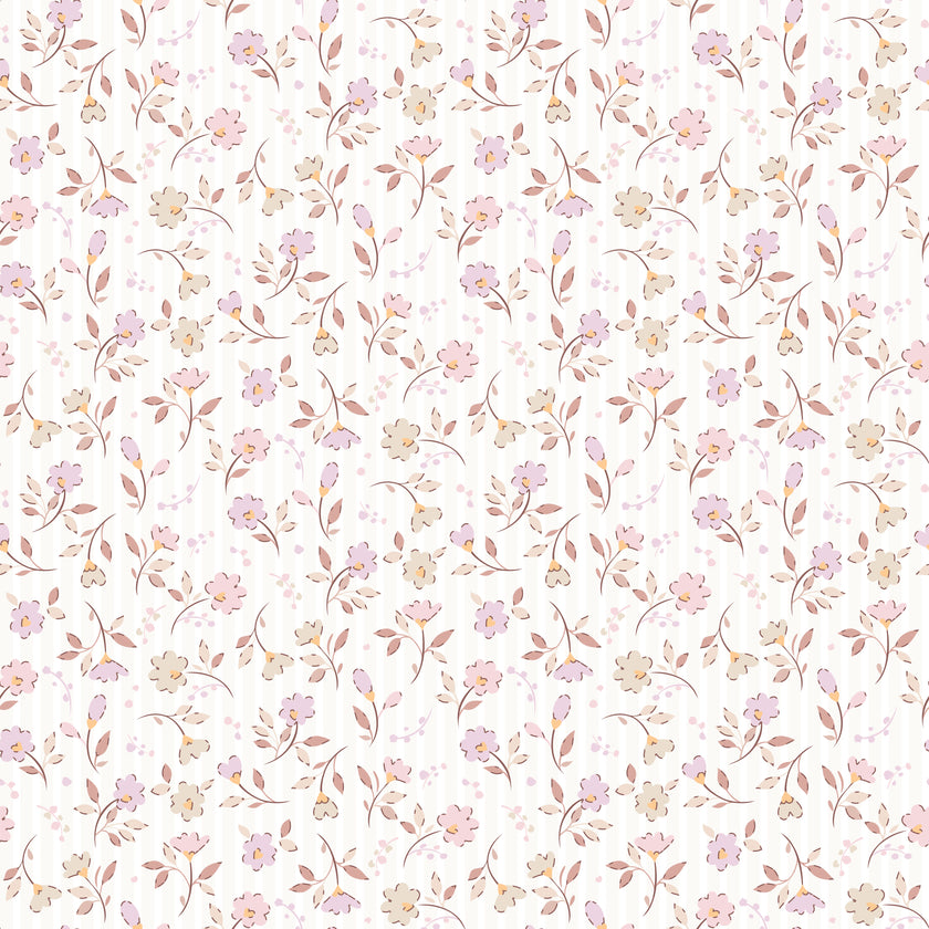 Soft pink and neutral floral wallpaper with delicate flowers and leafy sprigs on a subtle striped background.