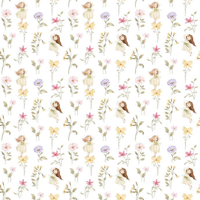 Whimsical little fairy wallpaper with delicate pink, lilac and yellow wildflowers and soft green foliage.