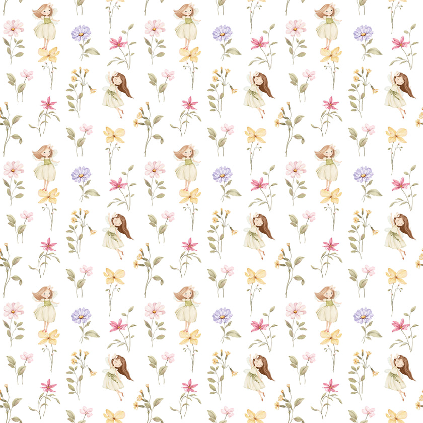Whimsical little fairy wallpaper with delicate pink, lilac and yellow wildflowers and soft green foliage.