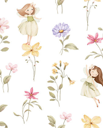 Whimsical little fairy wallpaper with delicate pink, lilac and yellow wildflowers and soft green foliage.