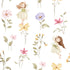 Whimsical little fairy wallpaper with delicate pink, lilac and yellow wildflowers and soft green foliage.