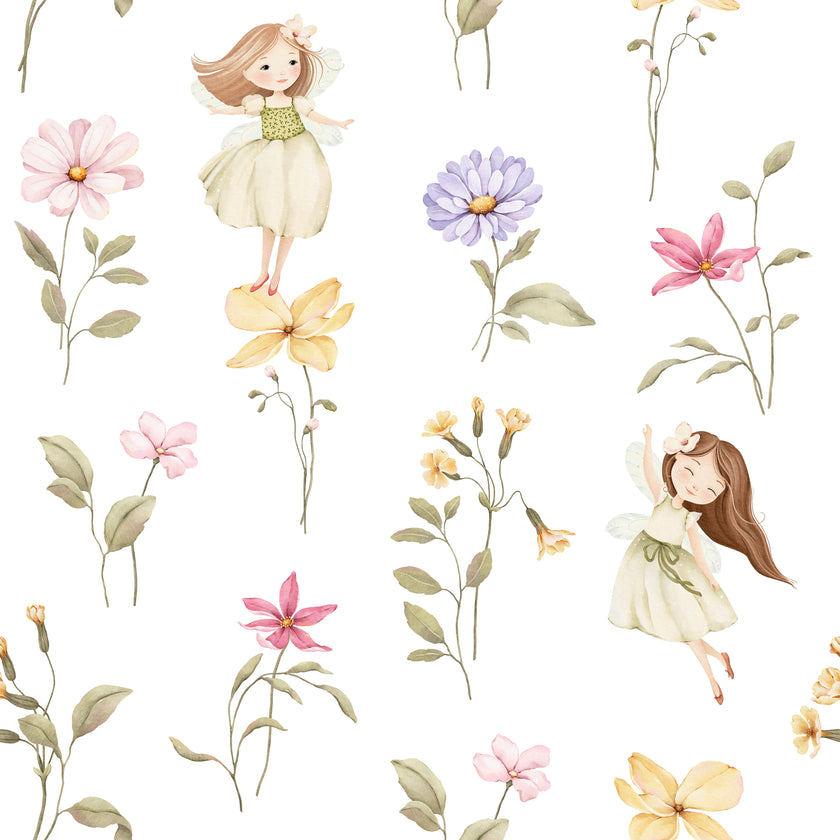 Whimsical little fairy wallpaper with delicate pink, lilac and yellow wildflowers and soft green foliage.