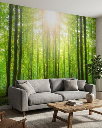 Close-up of lush green forest scene wall mural in cozy living room with natural daylight streaming in
