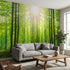 Close-up of lush green forest scene wall mural in cozy living room with natural daylight streaming in