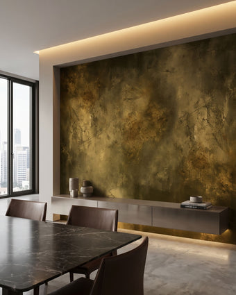 Elegant interior scene featuring the Golden Stone mural as a focal point on a wall in a modern, upscale space.