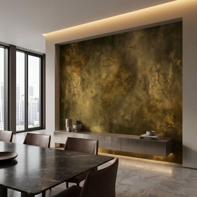 Elegant interior scene featuring the Golden Stone mural as a focal point on a wall in a modern, upscale space.
