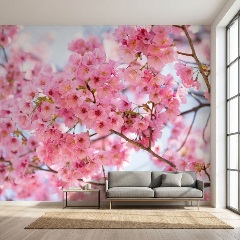 Vibrant 'Mankai' cherry blossom mural on a large living room wall with natural daylight highlighting the floral design.