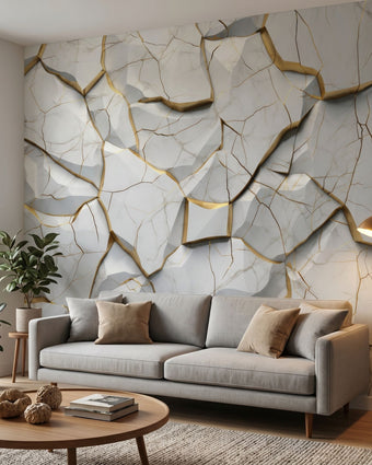 Stylish shot of marble fragments mural as wall feature in contemporary living room with neutral tones and soft cinematic lighting.