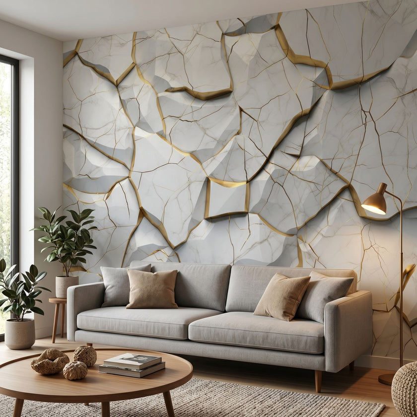 Stylish shot of marble fragments mural as wall feature in contemporary living room with neutral tones and soft cinematic lighting.
