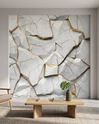 Full-view of marble fragments mural mounted on wall in modern interior, emphasizing large-scale detail and textured surface.