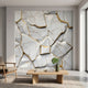 Full-view of marble fragments mural mounted on wall in modern interior, emphasizing large-scale detail and textured surface.