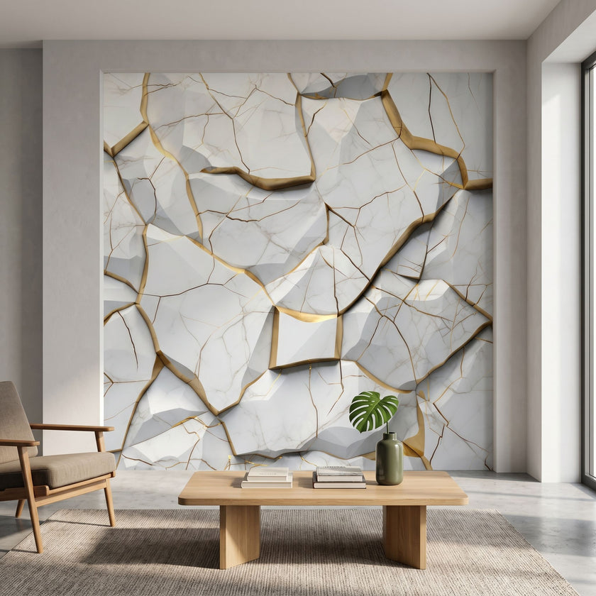 Full-view of marble fragments mural mounted on wall in modern interior, emphasizing large-scale detail and textured surface.