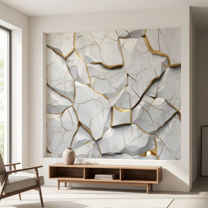 Artistically composed shot of marble fragments mural with natural daylight and high micro-detail, emphasizing texture and gold accents.