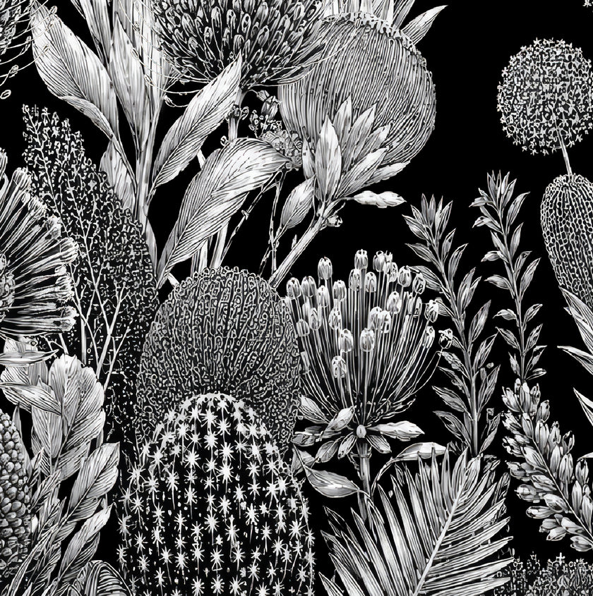 Black and white botanical wallpaper with a seamless repeat, featuring finely illustrated proteas, banksias, alliums, and native foliage. 