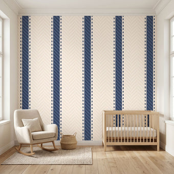 Large mural with seamless geometric stripe pattern in beige and blue, filling a wall in a modern, stylish interior with natural sunlight.