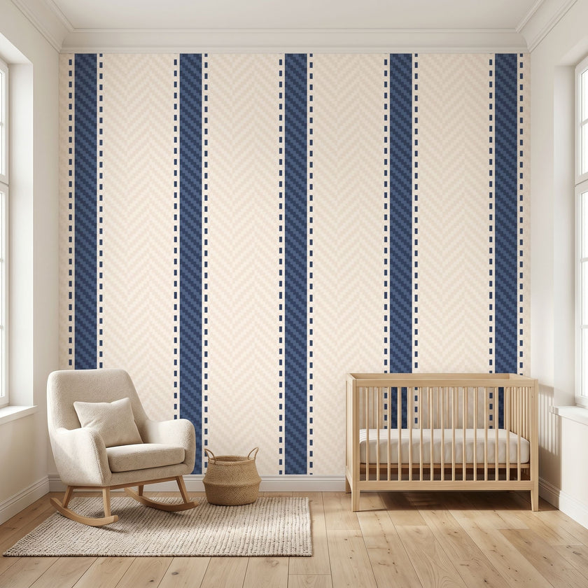 Large mural with seamless geometric stripe pattern in beige and blue, filling a wall in a modern, stylish interior with natural sunlight.