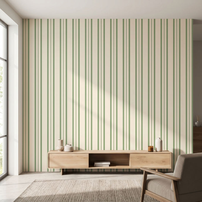 Elegant modern home with Olivia seam pattern mural spanning a large feature wall in natural daylight.