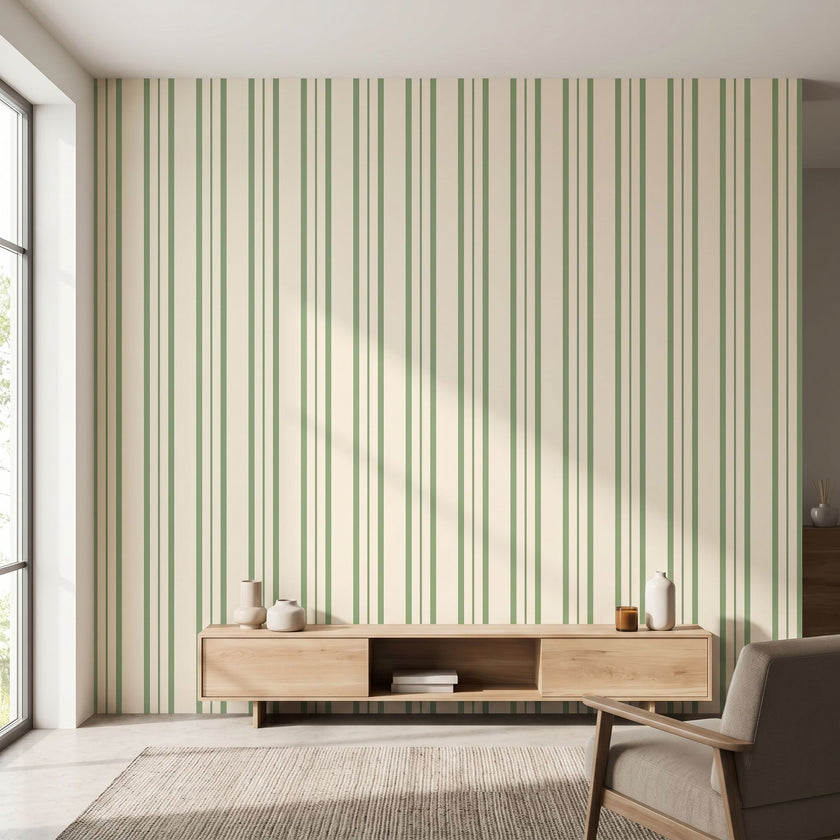 Elegant modern home with Olivia seam pattern mural spanning a large feature wall in natural daylight.