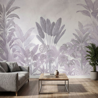 Full-wall mural in modern interior featuring dense tropical forest with purple flowers and cascading leaves.