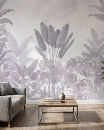 Full-wall mural in modern interior featuring dense tropical forest with purple flowers and cascading leaves.