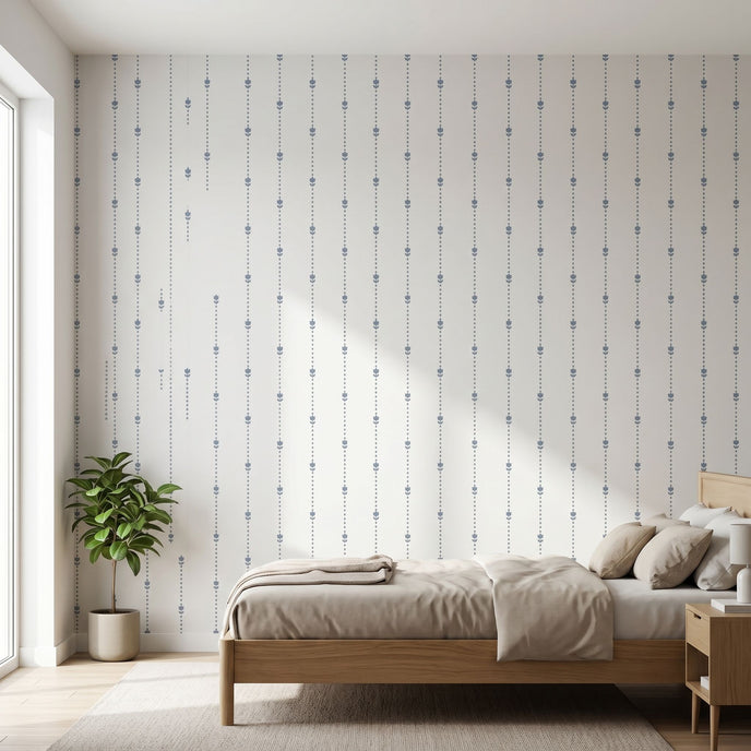 Vibrant blue tulip wall mural with seamless pattern covering an entire interior wall in a modern space.
