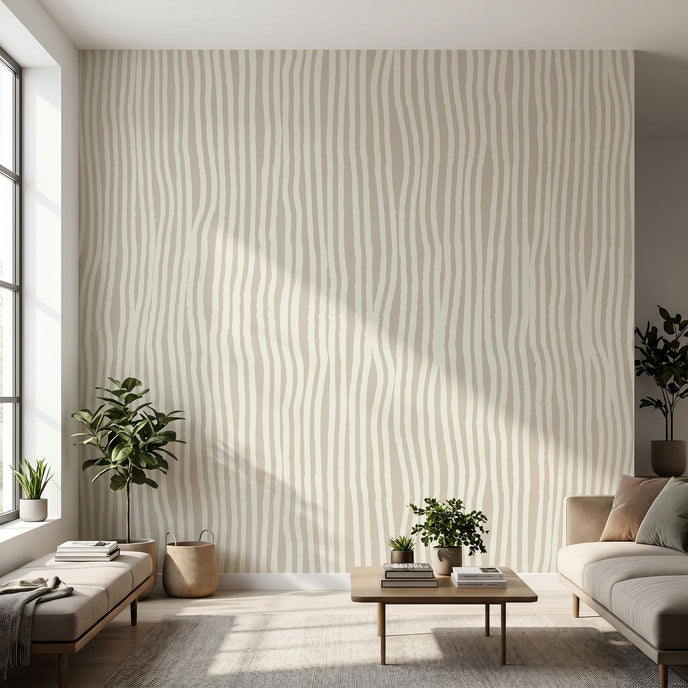 Sleek interior featuring a large, seamless wall mural with African geometric motifs, filling the space completely with beige and stripe accents.