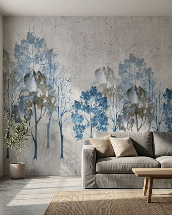 Contemporary living room featuring a large blue 'Where Dreams Are Made Of' wall mural with seamless horizontal pattern and watercolour texture.