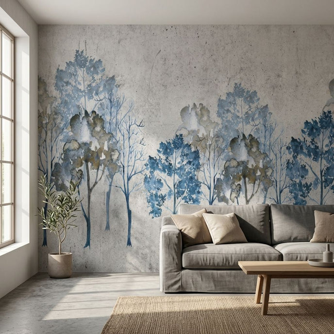 Contemporary living room featuring a large blue 'Where Dreams Are Made Of' wall mural with seamless horizontal pattern and watercolour texture.