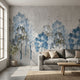 Contemporary living room featuring a large blue 'Where Dreams Are Made Of' wall mural with seamless horizontal pattern and watercolour texture.