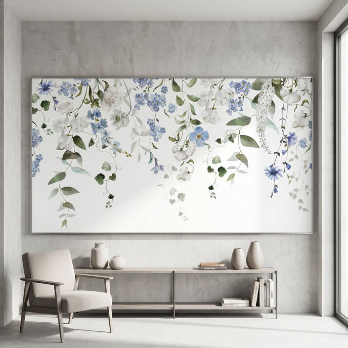 Medium shot of 'Forget Me Not' floral mural in a modern living room, emphasizing pattern details and textured surface with bright lighting.