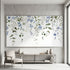 Medium shot of 'Forget Me Not' floral mural in a modern living room, emphasizing pattern details and textured surface with bright lighting.