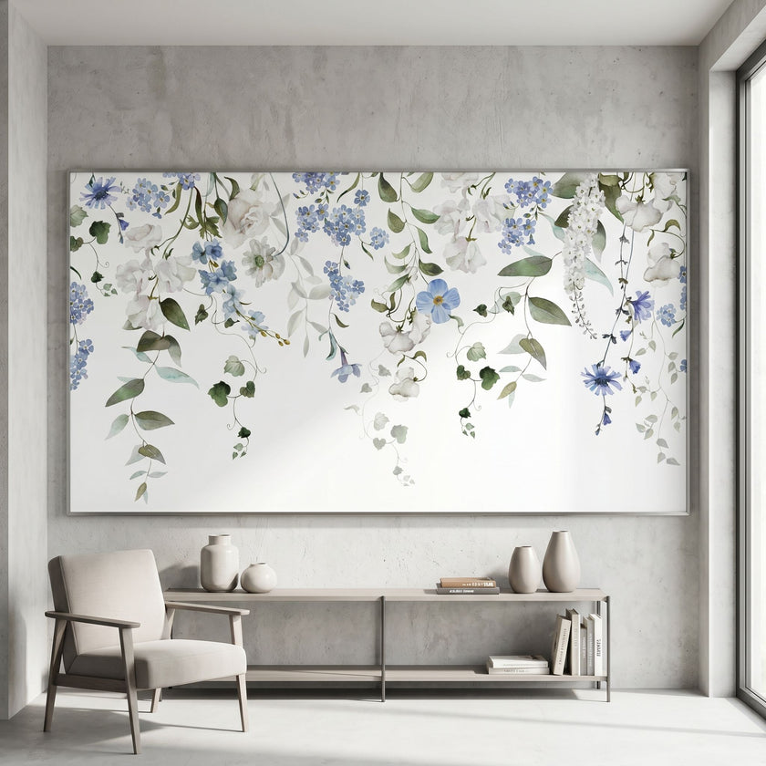 Medium shot of 'Forget Me Not' floral mural in a modern living room, emphasizing pattern details and textured surface with bright lighting.