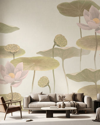 Interior scene featuring a seamless floral lotus mural on a wall in a modern living room, with natural light highlighting the vibrant watercolour pattern.