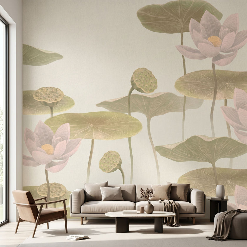 Interior scene featuring a seamless floral lotus mural on a wall in a modern living room, with natural light highlighting the vibrant watercolour pattern.