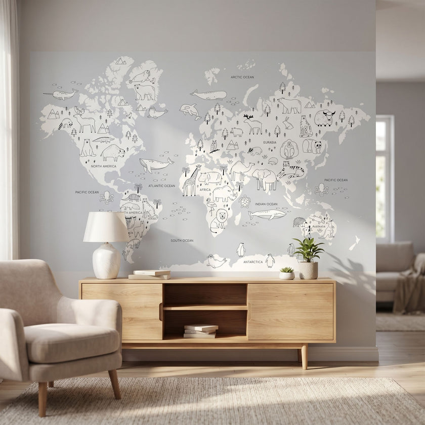 Medium shot of 'The World's a Zoo' mural in a modern living room, focused on bright animal illustrations.