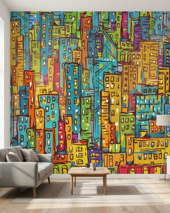 Vibrant multicoloured cityscape wall mural in a modern living room with natural daylight, emphasizing urban nightlife scene and detailed textures.