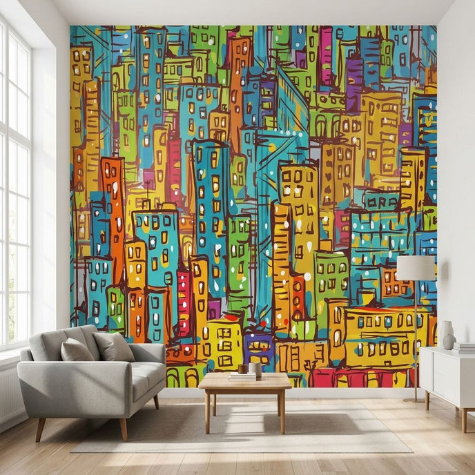 Vibrant multicoloured cityscape wall mural in a modern living room with natural daylight, emphasizing urban nightlife scene and detailed textures.