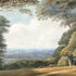 Watercolour landscape mural showing a forest with a path leading to a distant view. 