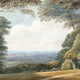 Watercolour landscape mural showing a forest with a path leading to a distant view. 