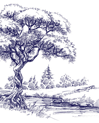 Navy illustrated mural of a large tree beside a calm river in a peaceful countryside landscape.