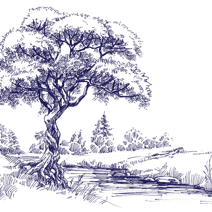 Navy illustrated mural of a large tree beside a calm river in a peaceful countryside landscape.