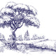 Navy illustrated mural of a large tree beside a calm river in a peaceful countryside landscape.