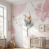 Vertical view of Arabesque Pirouette mural in nursery, with natural light highlighting pink floral ballet motifs and textures.