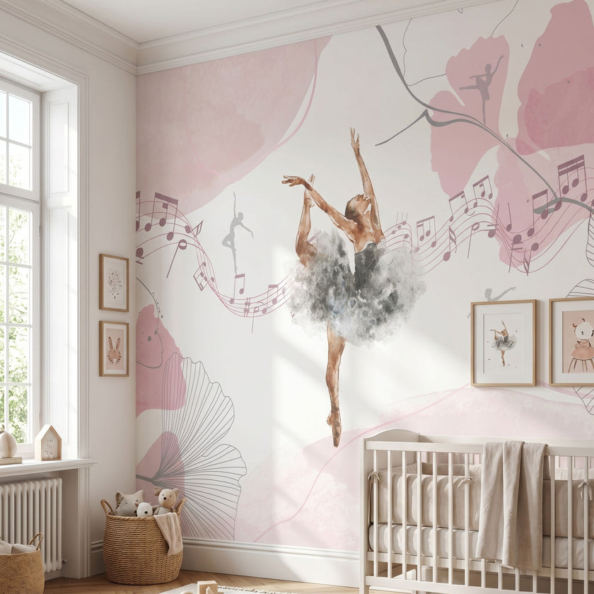 Vertical view of Arabesque Pirouette mural in nursery, with natural light highlighting pink floral ballet motifs and textures.