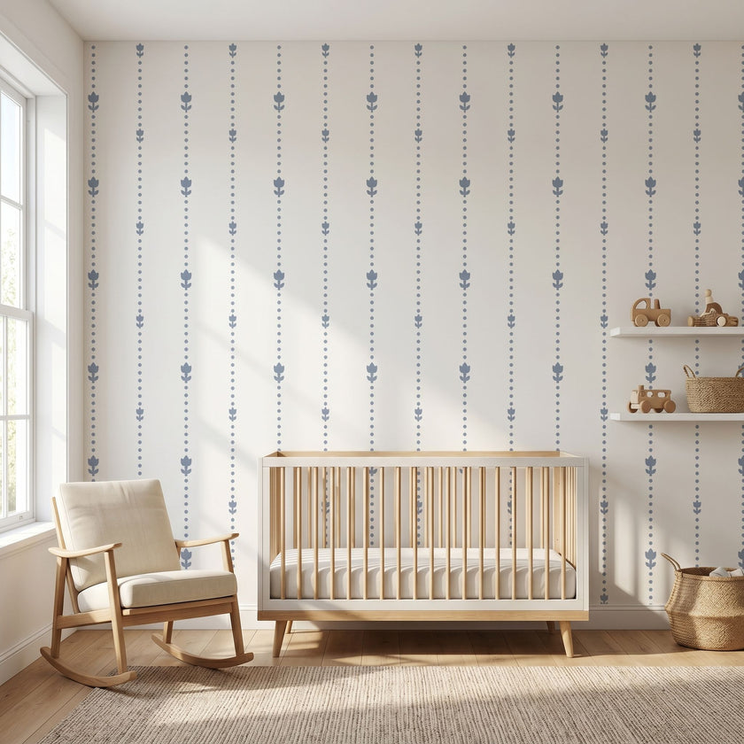 Seamless tulip mural on a large wall in a modern nursery or living room, illuminated by natural sunlight.