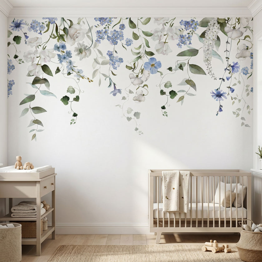 Full view of nursery wall decorated with 'Forget Me Not' floral mural showing seamless pattern on textured surface in natural light.