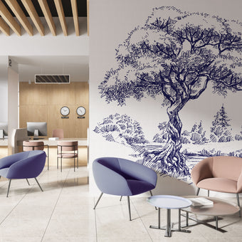 Navy illustrated mural of a large tree beside a calm river in a peaceful countryside landscape. On an office waiting room wall. 