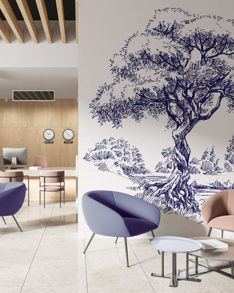 Navy illustrated mural of a large tree beside a calm river in a peaceful countryside landscape. On an office waiting room wall. 